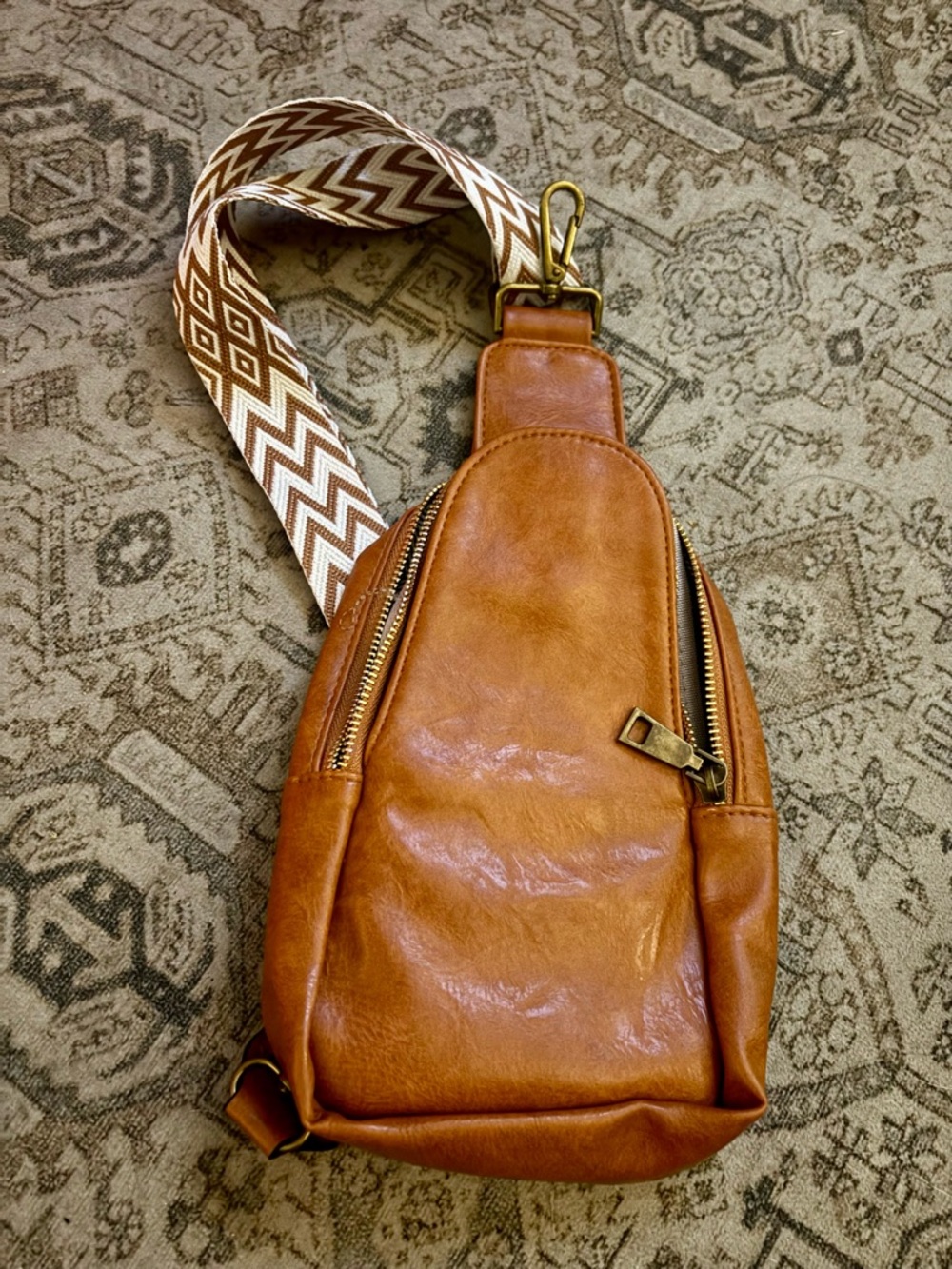 Brown Leather Crossbody Sling Bag with Patterned Strap